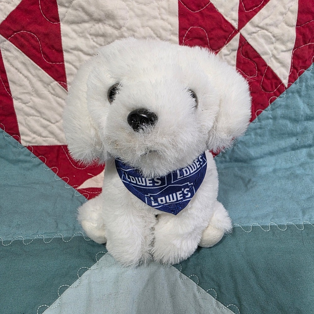 Lowe's White Puppy Dog Plush‎ Stuffed Animal Blue Bandana Logo 6 Inch